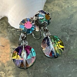 Vintage Multicolor Pronged Glass Cab Dangle Screw Back Earrings